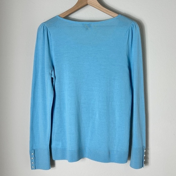 ✨SOLD✨ EUC Talbots Pure Merino Wool Blue Sweater Pleated Shoulder Pearl Cuffs - Picture 6 of 10
